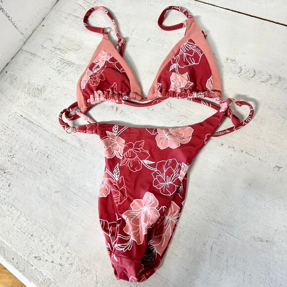 KB Swim Floral Bikini Top & High Leg Bikini Bottom Set Red/Pink Women's Size S - Picture 1 of 5